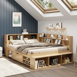 Lit enfant 140 x 200 cm - avec 1 tiroir - avec bibliothèque et rangement - sommier à lattes - naturel (matelas non inclus)><noscript><img width=