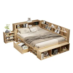 Lit enfant 140 x 200 cm - avec 1 tiroir - avec bibliothèque et rangement - sommier à lattes - naturel (matelas non inclus)><noscript><img width=