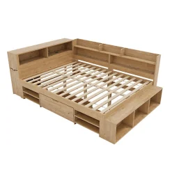 Lit enfant 140 x 200 cm - avec 1 tiroir - avec bibliothèque et rangement - sommier à lattes - naturel (matelas non inclus)><noscript><img width=