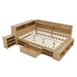 Lit enfant 140 x 200 cm - avec 1 tiroir - avec bibliothèque et rangement - sommier à lattes - naturel (matelas non inclus)><noscript><img width=
