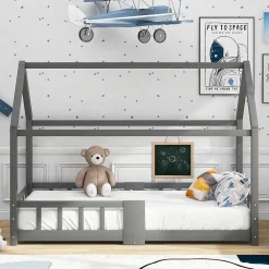 Lit enfant 90 x 200 cm - Lit Cabane avec Tablette et Tableau - Bois de Pin - Sans Matelas - Gris><noscript><img width=