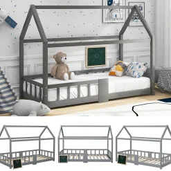 Lit enfant 90 x 200 cm - Lit Cabane avec Tablette et Tableau - Bois de Pin - Sans Matelas - Gris><noscript><img width=