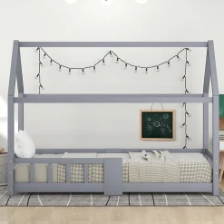 Lit enfant 90 x 200 cm - Lit Cabane avec Tablette et Tableau - Bois de Pin - Sans Matelas - Gris><noscript><img width=