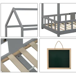 Lit enfant 90 x 200 cm - Lit Cabane avec Tablette et Tableau - Bois de Pin - Sans Matelas - Gris><noscript><img width=
