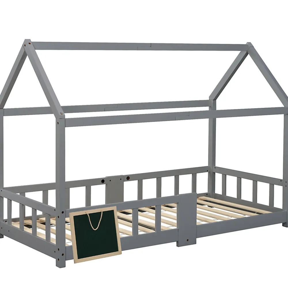 Lit enfant 90 x 200 cm - Lit Cabane avec Tablette et Tableau - Bois de Pin - Sans Matelas - Gris>Okwish New
