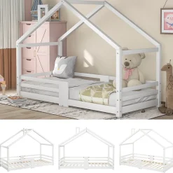 Okwish Lit enfant 90 x 200 cm - Lit Cabane avec Cheminée Antichute - Bois de Pin - Sans Matelas - Blanc*Enfant Lit Enfant