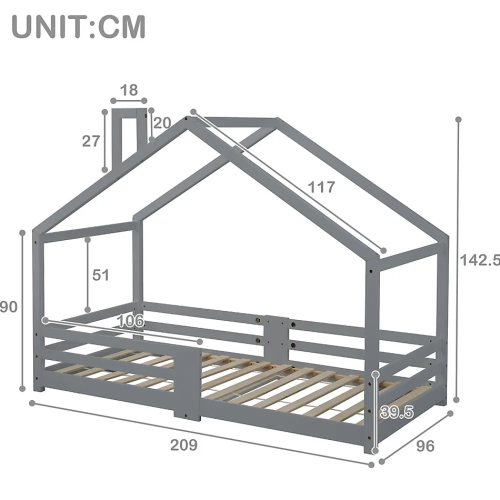 Lit enfant 90 x 200 cm - Lit Cabane avec Cheminée Antichute - Bois de Pin - Sans Matelas - Gris>Okwish Online