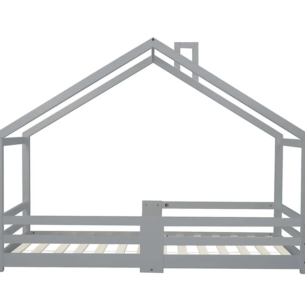 Lit enfant 90 x 200 cm - Lit Cabane avec Cheminée Antichute - Bois de Pin - Sans Matelas - Gris>Okwish Online