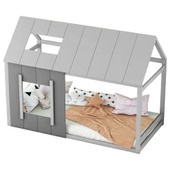 Lit enfant 90 x 200 cm en forme de maison, gris foncé et gris clair>Blackcolors New