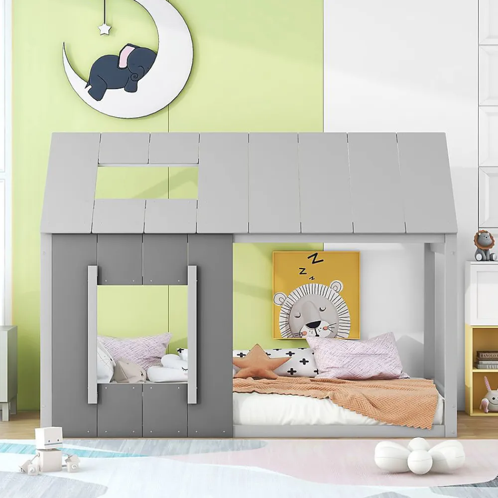 Lit enfant 90 x 200 cm en forme de maison, gris foncé et gris clair>Blackcolors New
