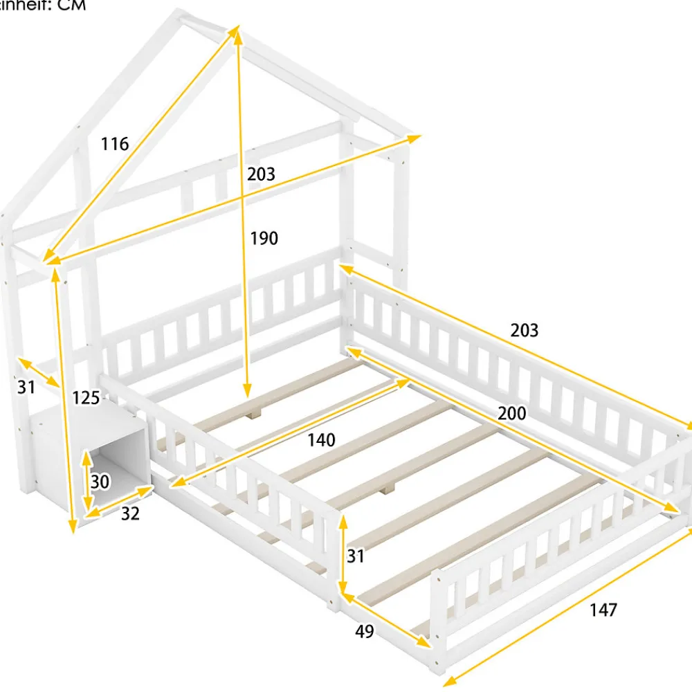 Lit Enfant 140 X 200 Cm, Lit Cabane Avec Barrières, Lit Enfant Avec Tables De Chevet, Blanc>Fortuna lai Outlet