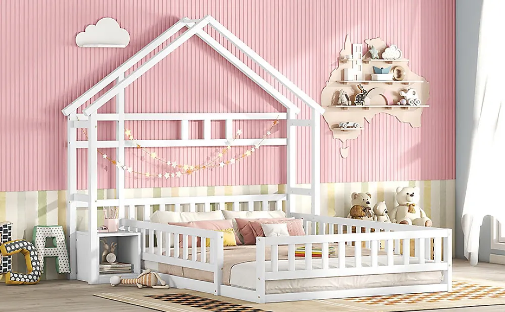 Lit Enfant 140 X 200 Cm, Lit Cabane Avec Barrières, Lit Enfant Avec Tables De Chevet, Blanc>Fortuna lai Outlet