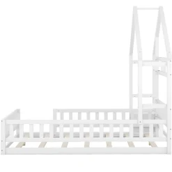Lit Enfant 140 X 200 Cm, Lit Cabane Avec Barrières, Lit Enfant Avec Tables De Chevet, Blanc><noscript><img width=