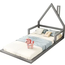 Lit enfant 90 x 200 cm, lit plat en forme de maison, pin gris,>Blackcolors Clearance