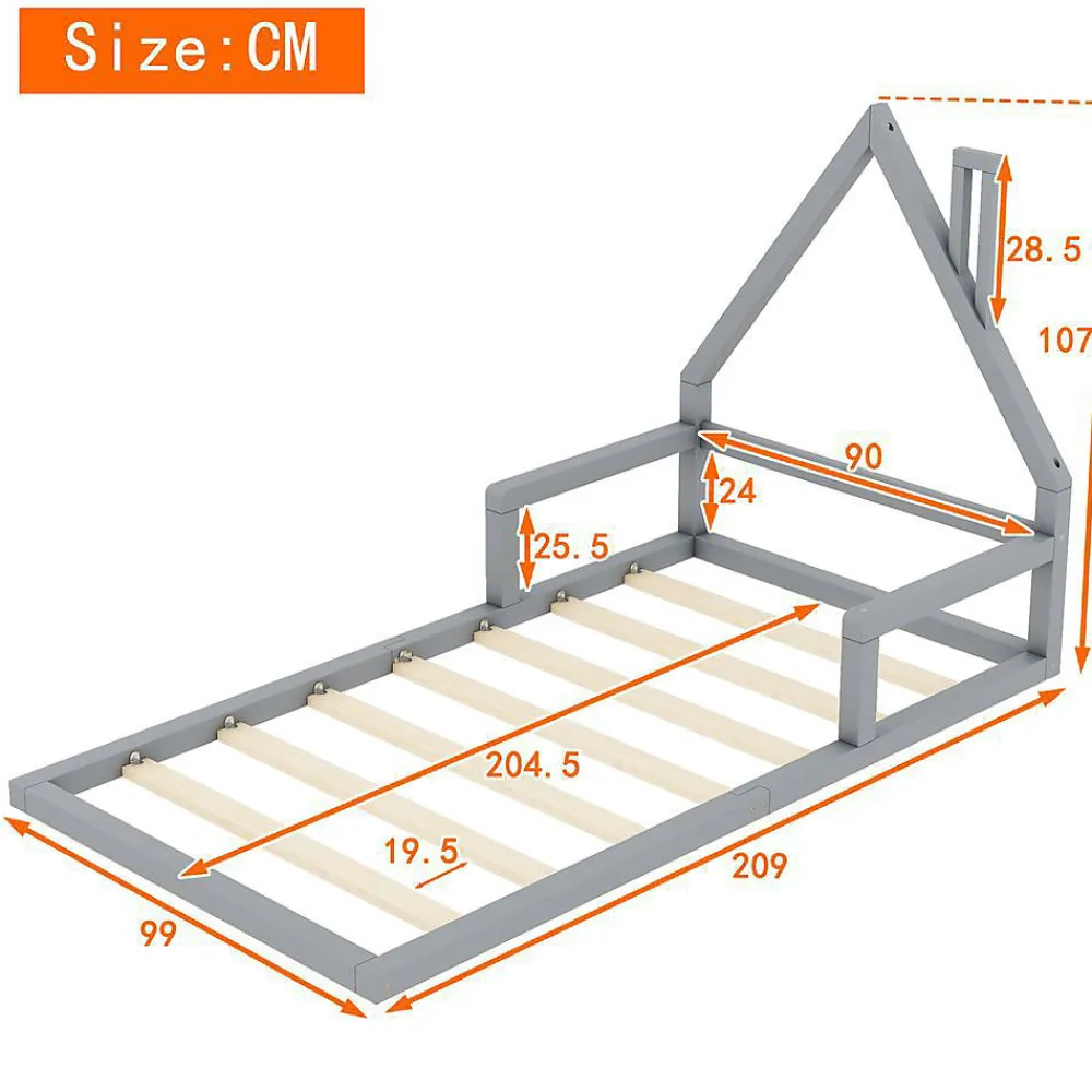 Lit enfant 90 x 200 cm, lit plat en forme de maison, pin gris,>Blackcolors Clearance