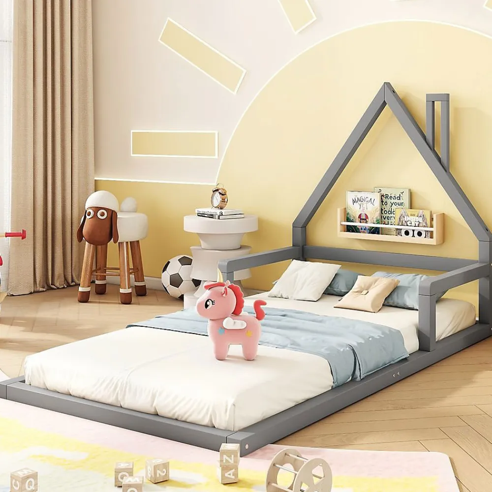 Lit enfant 90 x 200 cm, lit plat en forme de maison, pin gris,>Blackcolors Clearance