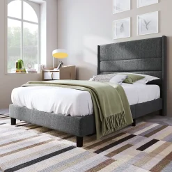 Lit enfant 90 x 200 cm, lit simple capitonné, avec sommier à lattes, design moderne, tissu en lin, matelas non inclus, gris>Seyakany Best