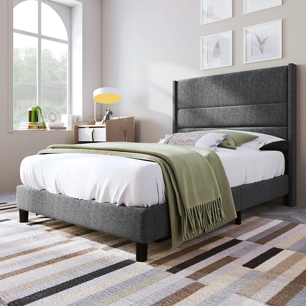 Lit enfant 90 x 200 cm, lit simple capitonné, avec sommier à lattes, design moderne, tissu en lin, matelas non inclus, gris>Seyakany Best