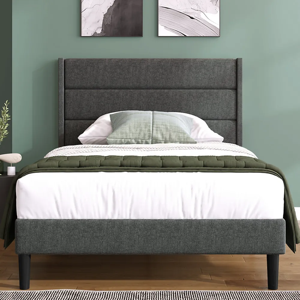 Lit enfant 90 x 200 cm, lit simple capitonné, avec sommier à lattes, design moderne, tissu en lin, matelas non inclus, gris>Seyakany Best