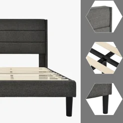 Lit enfant 90 x 200 cm, lit simple capitonné, avec sommier à lattes, design moderne, tissu en lin, matelas non inclus, gris><noscript><img width=