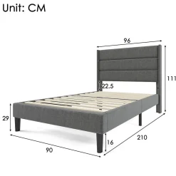 Lit enfant 90 x 200 cm, lit simple capitonné, avec sommier à lattes, design moderne, tissu en lin, matelas non inclus, gris><noscript><img width=