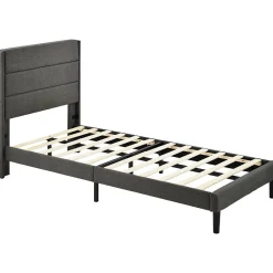 Lit enfant 90 x 200 cm, lit simple capitonné, avec sommier à lattes, design moderne, tissu en lin, matelas non inclus, gris><noscript><img width=