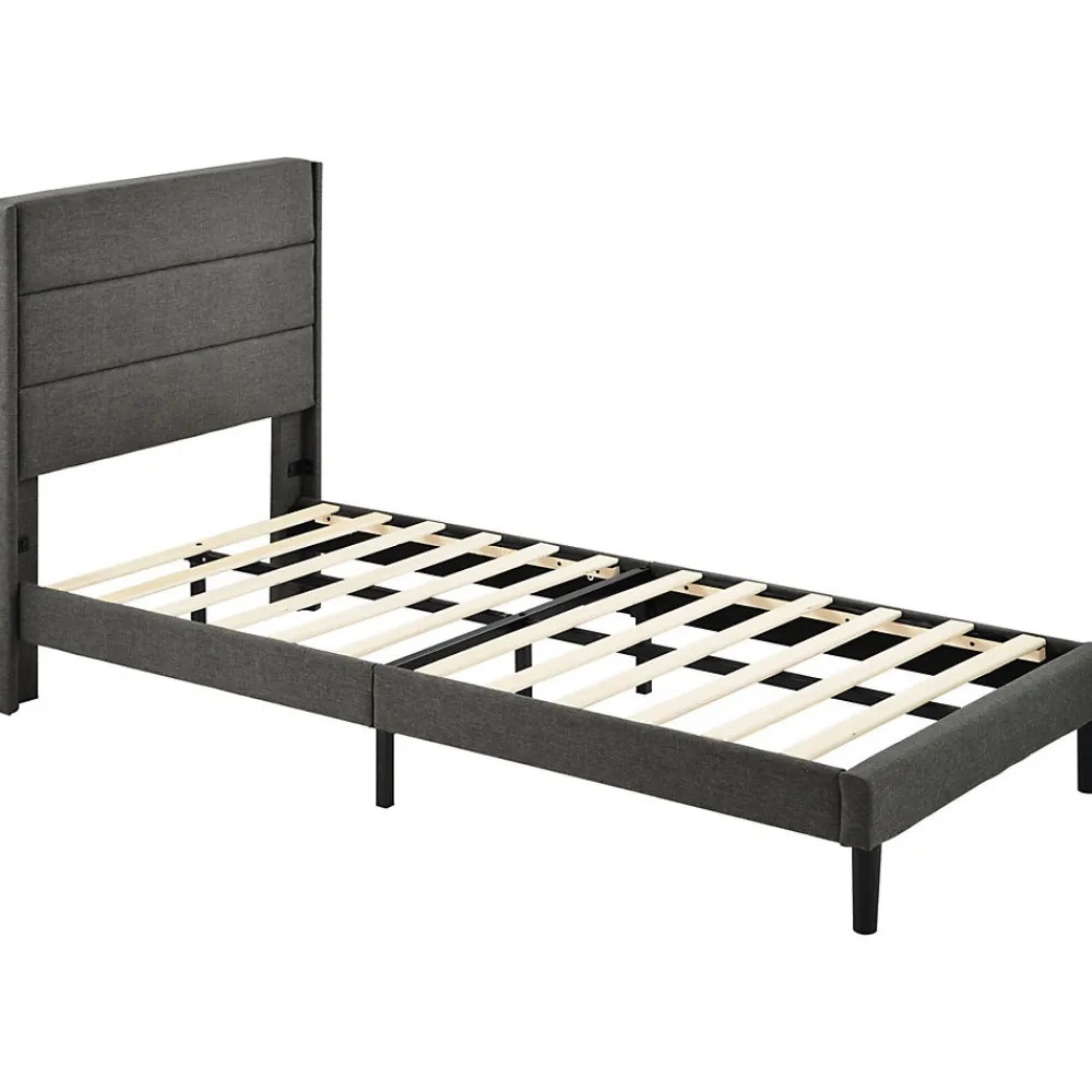 Lit enfant 90 x 200 cm, lit simple capitonné, avec sommier à lattes, design moderne, tissu en lin, matelas non inclus, gris>Seyakany Best