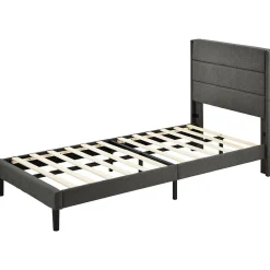 Lit enfant 90 x 200 cm, lit simple capitonné, avec sommier à lattes, design moderne, tissu en lin, matelas non inclus, gris><noscript><img width=