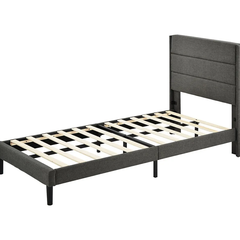 Lit enfant 90 x 200 cm, lit simple capitonné, avec sommier à lattes, design moderne, tissu en lin, matelas non inclus, gris>Seyakany Best