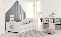Htmeubles Lit enfant ALMENA avec tiroir matelas et cadre inclus - Princesse et lune - 160 cm x 80 cm* Ensemble Sommier Et Matelas