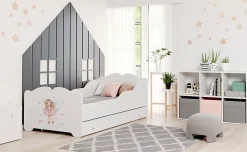 Htmeubles Lit enfant ALMENA avec tiroir matelas et cadre inclus - Fée rose - 140 cm x 70 cm* Ensemble Sommier Et Matelas