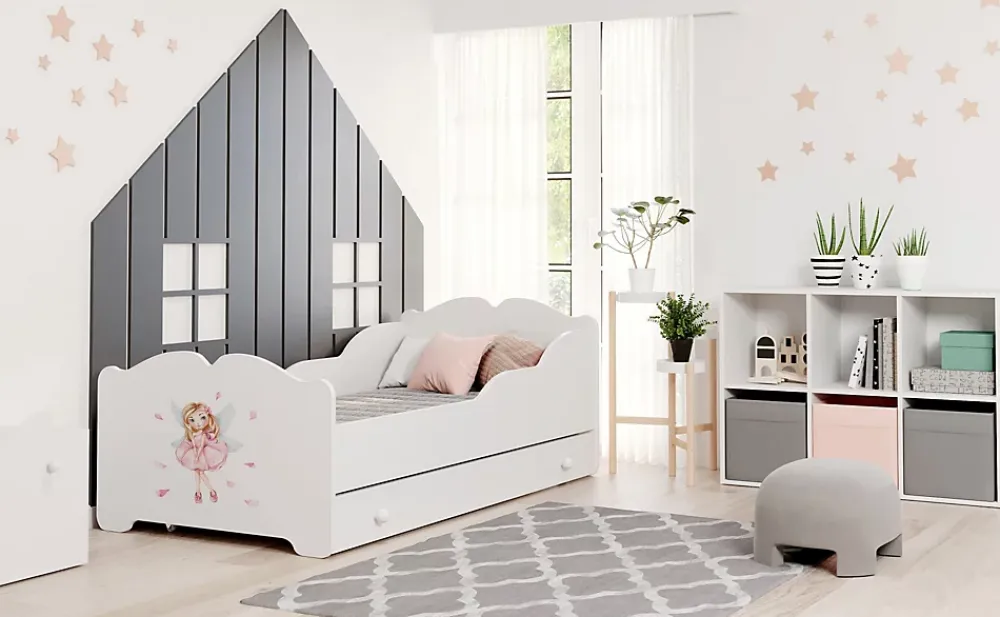 Htmeubles Lit enfant ALMENA avec tiroir matelas et cadre inclus - Fée rose - 140 cm x 70 cm* Ensemble Sommier Et Matelas