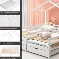 Okwish Lit enfant Cabane 90x200 cm - Lit avec Toit et Fenêtres, 2 Tiroirs MDF avec Roulettes, Cadre en Pin Blanc - Sans Matelas*Enfant Lit Enfant