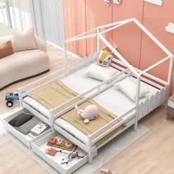 Okwish Lit enfant Cabane 90x200 cm - Lit avec Toit et Fenêtres, 2 Tiroirs MDF avec Roulettes, Cadre en Pin Blanc - Sans Matelas*Enfant Lit Enfant