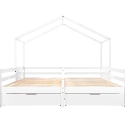 Okwish Lit enfant Cabane 90x200 cm - Lit avec Toit et Fenêtres, 2 Tiroirs MDF avec Roulettes, Cadre en Pin Blanc - Sans Matelas*Enfant Lit Enfant