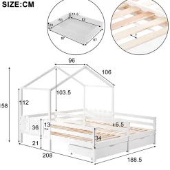 Okwish Lit enfant Cabane 90x200 cm - Lit avec Toit et Fenêtres, 2 Tiroirs MDF avec Roulettes, Cadre en Pin Blanc - Sans Matelas*Enfant Lit Enfant