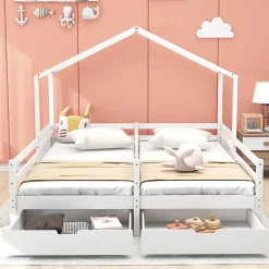 Okwish Lit enfant Cabane 90x200 cm - Lit avec Toit et Fenêtres, 2 Tiroirs MDF avec Roulettes, Cadre en Pin Blanc - Sans Matelas*Enfant Lit Enfant