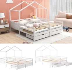 Okwish Lit enfant Cabane 90x200 cm - Lit avec Toit et Fenêtres, 2 Tiroirs MDF avec Roulettes, Cadre en Pin Blanc - Sans Matelas*Enfant Lit Enfant