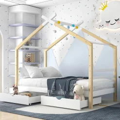 Lit enfant Cabane 90x200 cm avec Tiroirs - Lit Montessori en Bois de Pin Massif - design Scandinave - Blanc>Okwish