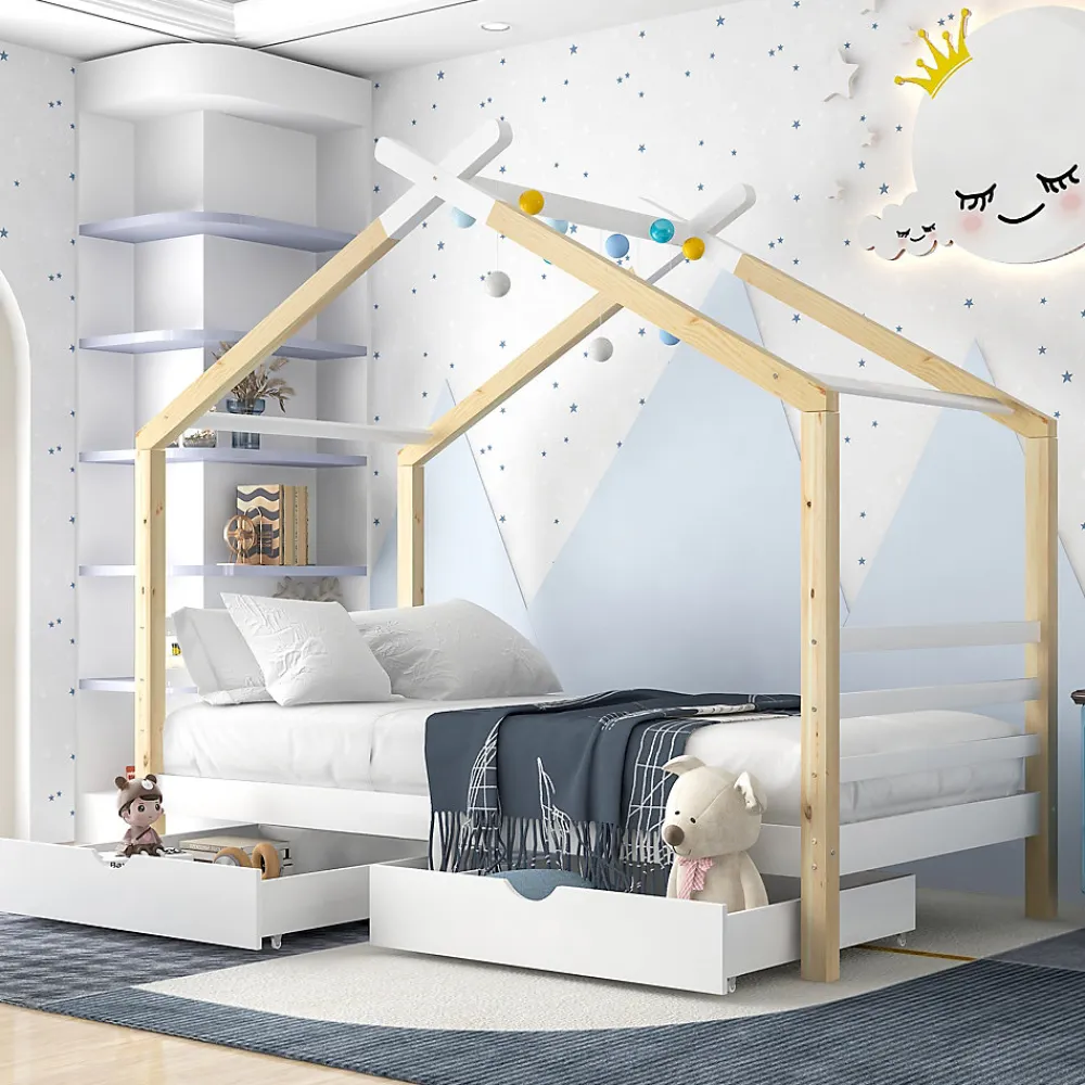 Lit enfant Cabane 90x200 cm avec Tiroirs - Lit Montessori en Bois de Pin Massif - design Scandinave - Blanc>Okwish