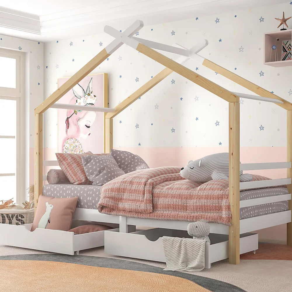 Lit enfant Cabane 90x200 cm avec Tiroirs - Lit Montessori en Bois de Pin Massif - design Scandinave - Blanc>Okwish