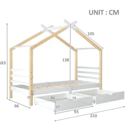 Lit enfant Cabane 90x200 cm avec Tiroirs - Lit Montessori en Bois de Pin Massif - design Scandinave - Blanc><noscript><img width=