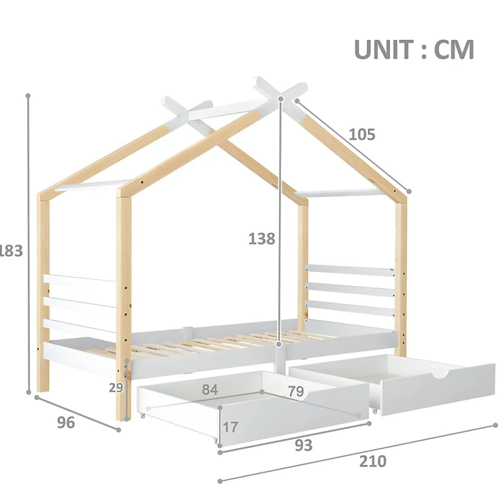 Lit enfant Cabane 90x200 cm avec Tiroirs - Lit Montessori en Bois de Pin Massif - design Scandinave - Blanc>Okwish