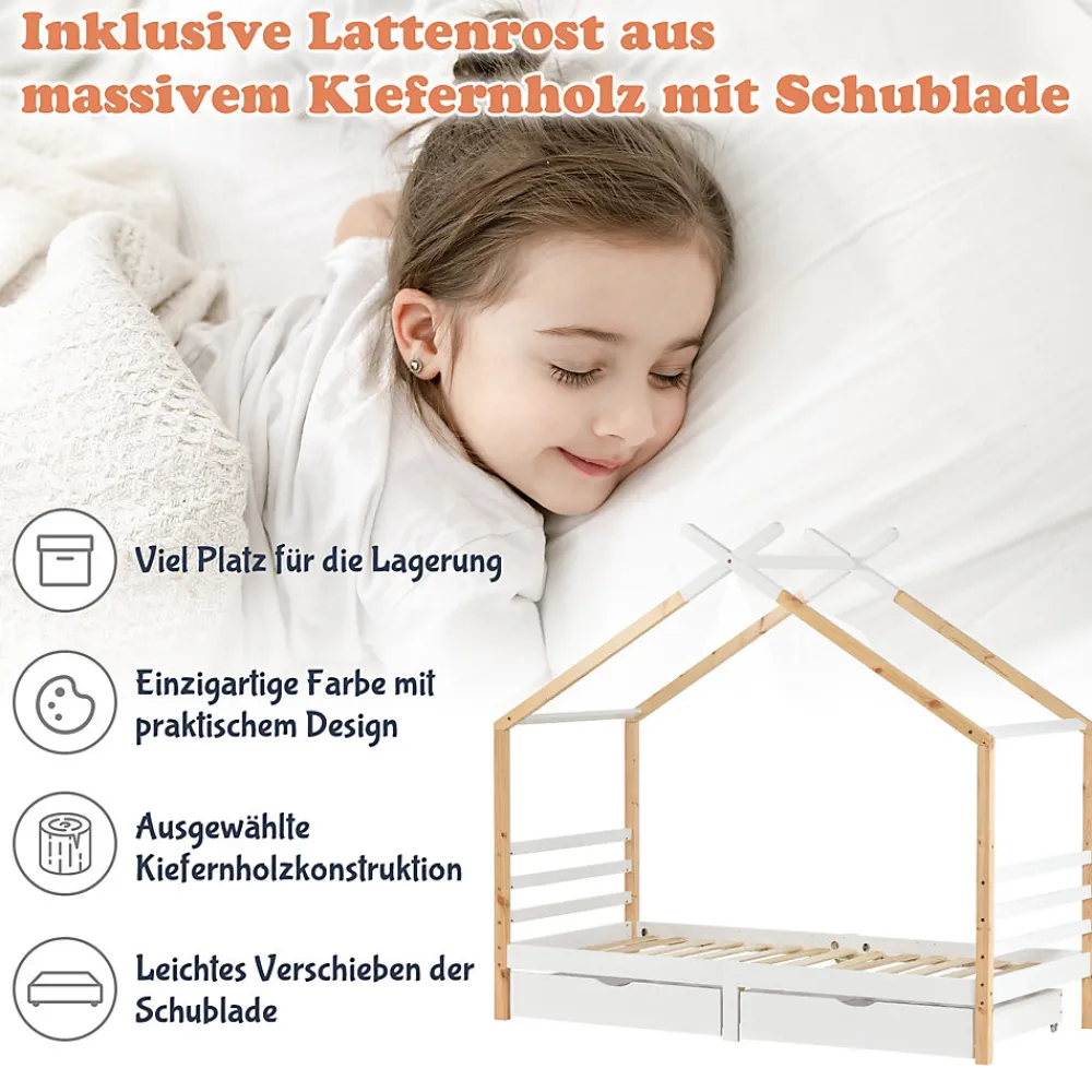 Lit enfant Cabane 90x200 cm avec Tiroirs - Lit Montessori en Bois de Pin Massif - design Scandinave - Blanc>Okwish