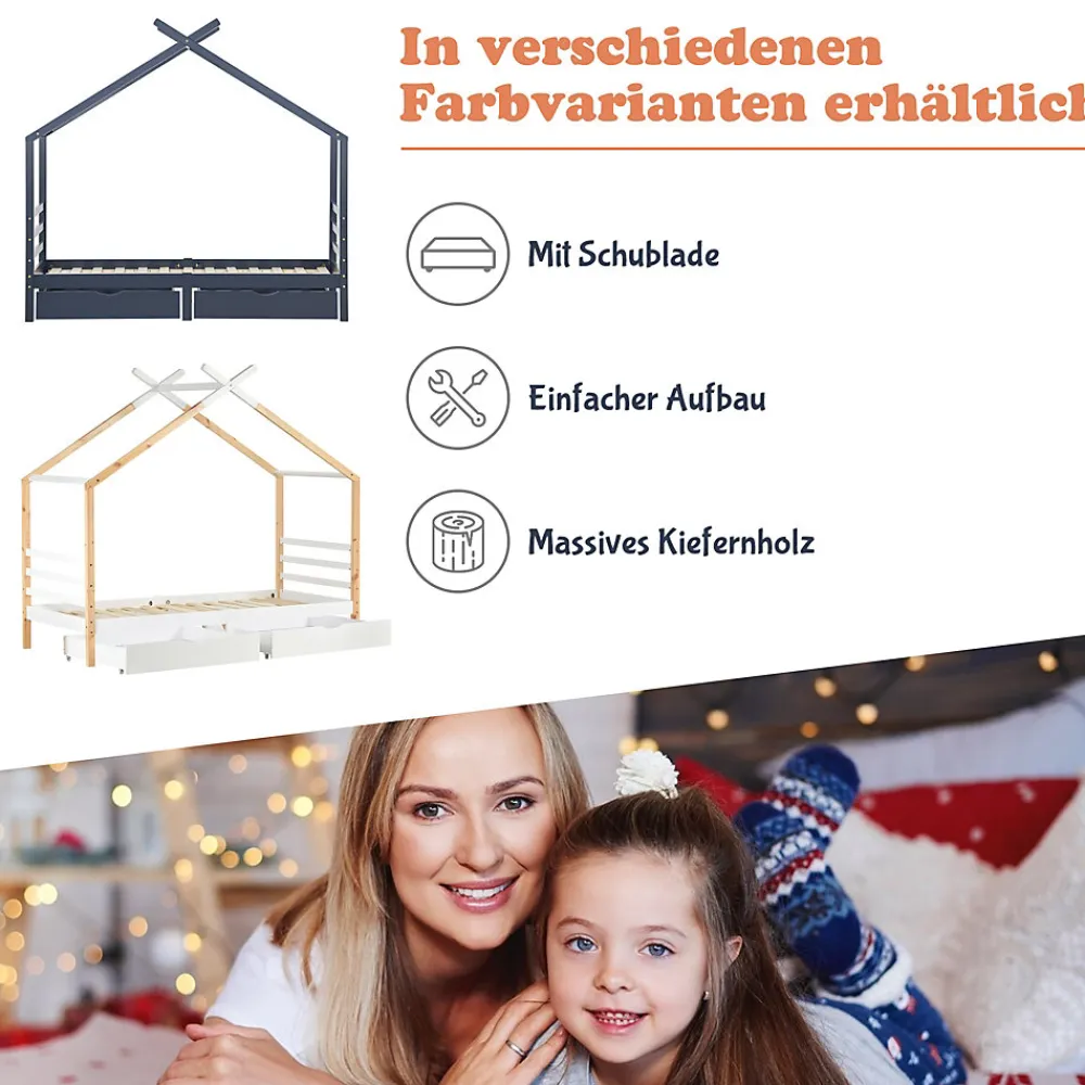 Lit enfant Cabane 90x200 cm avec Tiroirs - Lit Montessori en Bois de Pin Massif - design Scandinave - Blanc>Okwish