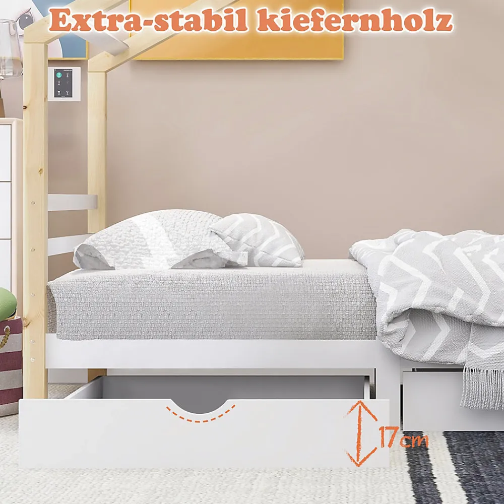 Lit enfant Cabane 90x200 cm avec Tiroirs - Lit Montessori en Bois de Pin Massif - design Scandinave - Blanc>Okwish