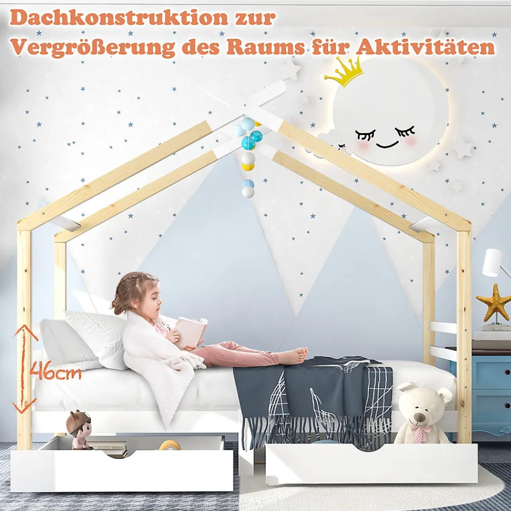 Lit enfant Cabane 90x200 cm avec Tiroirs - Lit Montessori en Bois de Pin Massif - design Scandinave - Blanc>Okwish
