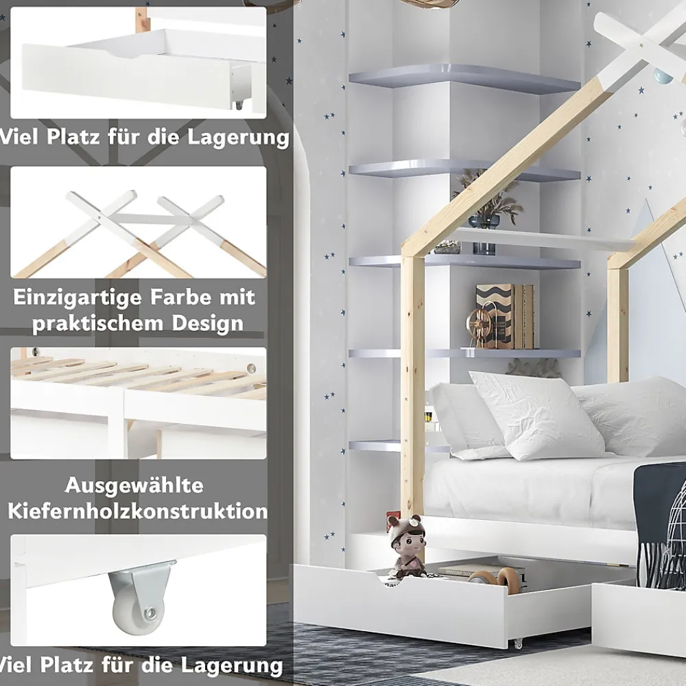 Lit enfant Cabane 90x200 cm avec Tiroirs - Lit Montessori en Bois de Pin Massif - design Scandinave - Blanc>Okwish