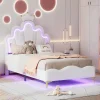 Lit enfant capitonné 90x200cm en PU, lit simple avec éclairage LED tête et pied de lit, chargeur EU inclus, Blanc>ProximaX