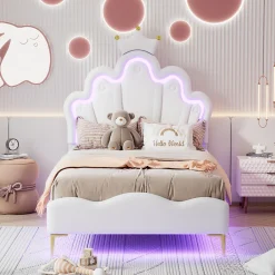 Lit enfant capitonné 90x200cm en PU, lit simple avec éclairage LED tête et pied de lit, chargeur EU inclus, Blanc>ProximaX